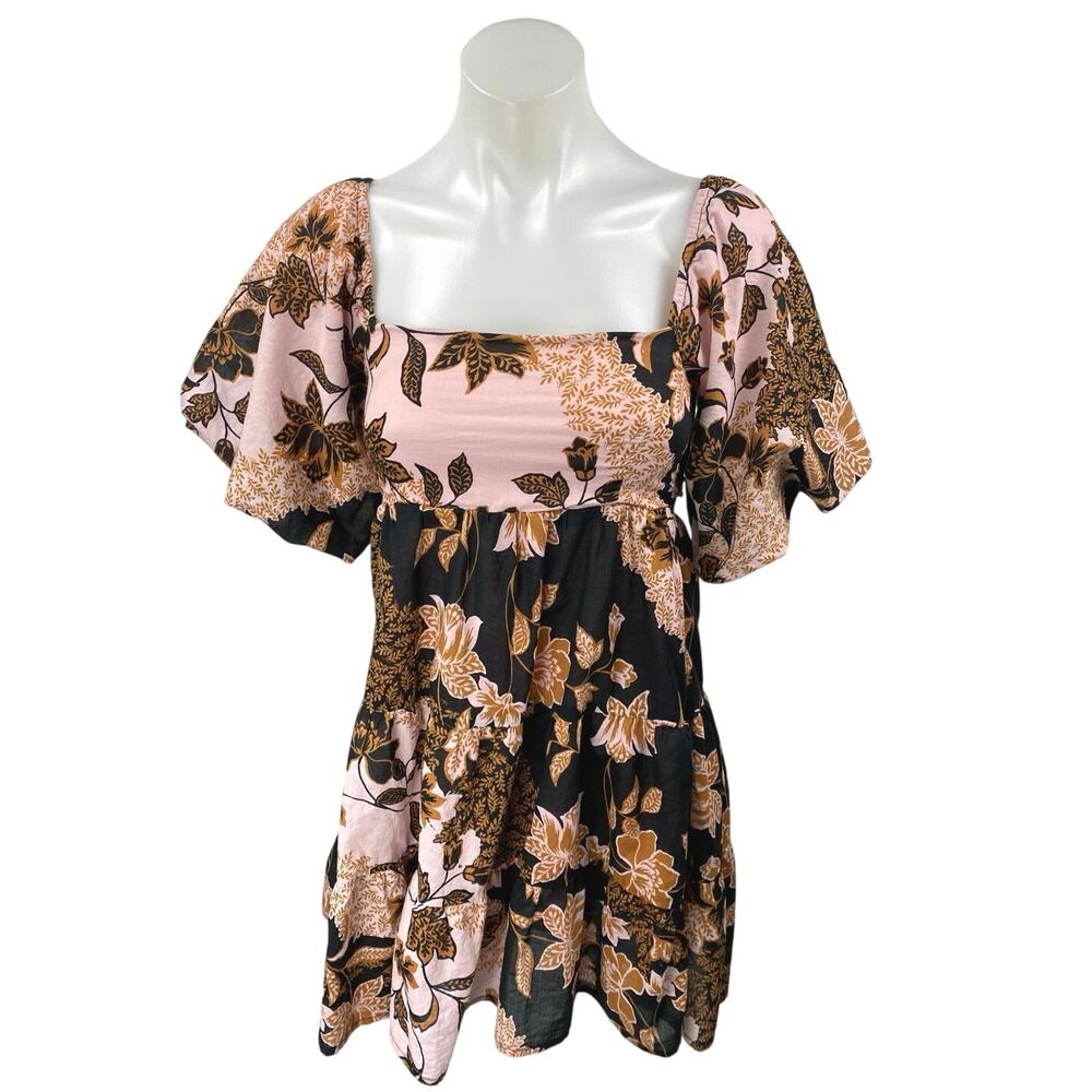 Vici Multicolor Floral Short Puff Sleeve Smocked Tiered A Line Mini Dress Size S